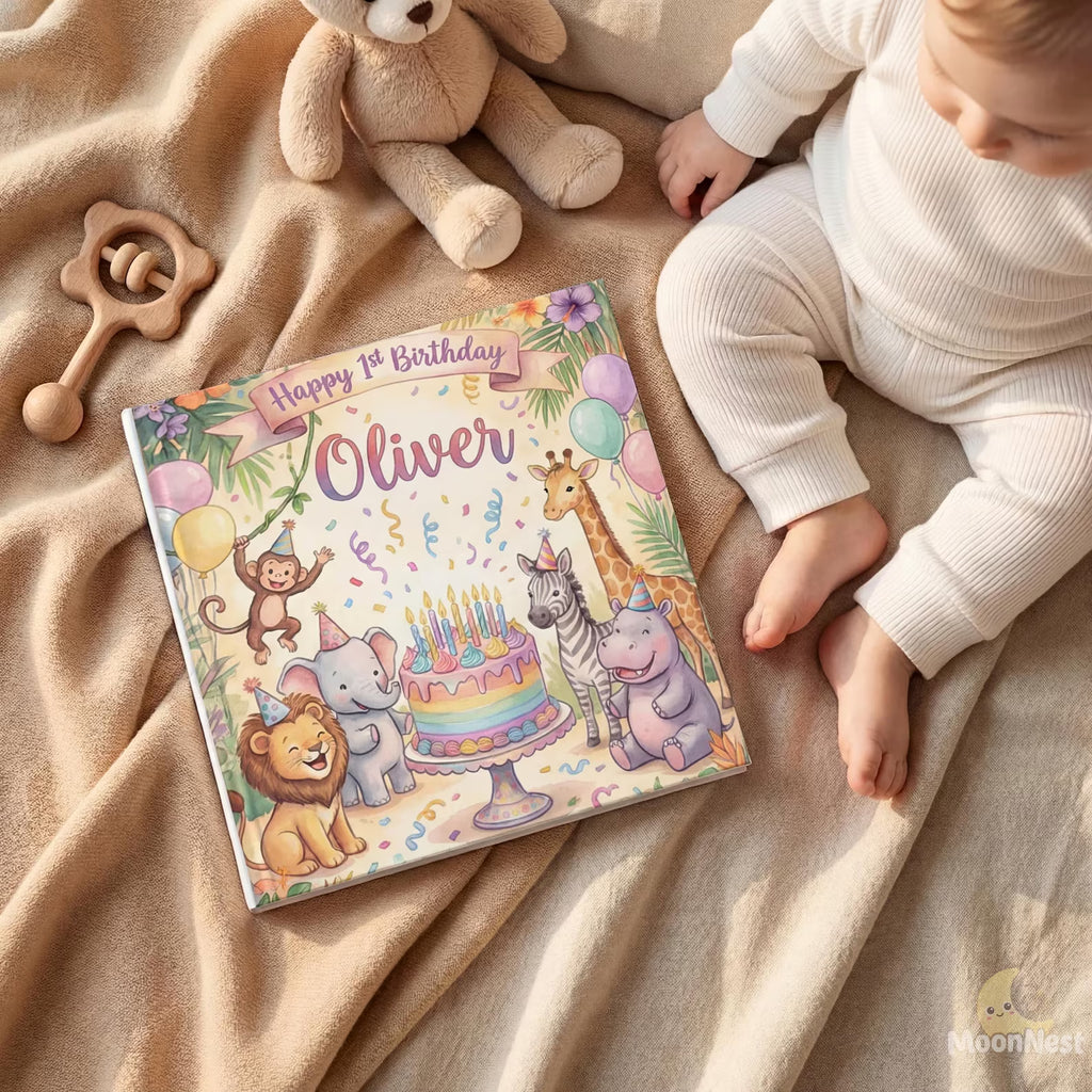 Personalized 1st Birthday Safari Book — Baby Keepsake