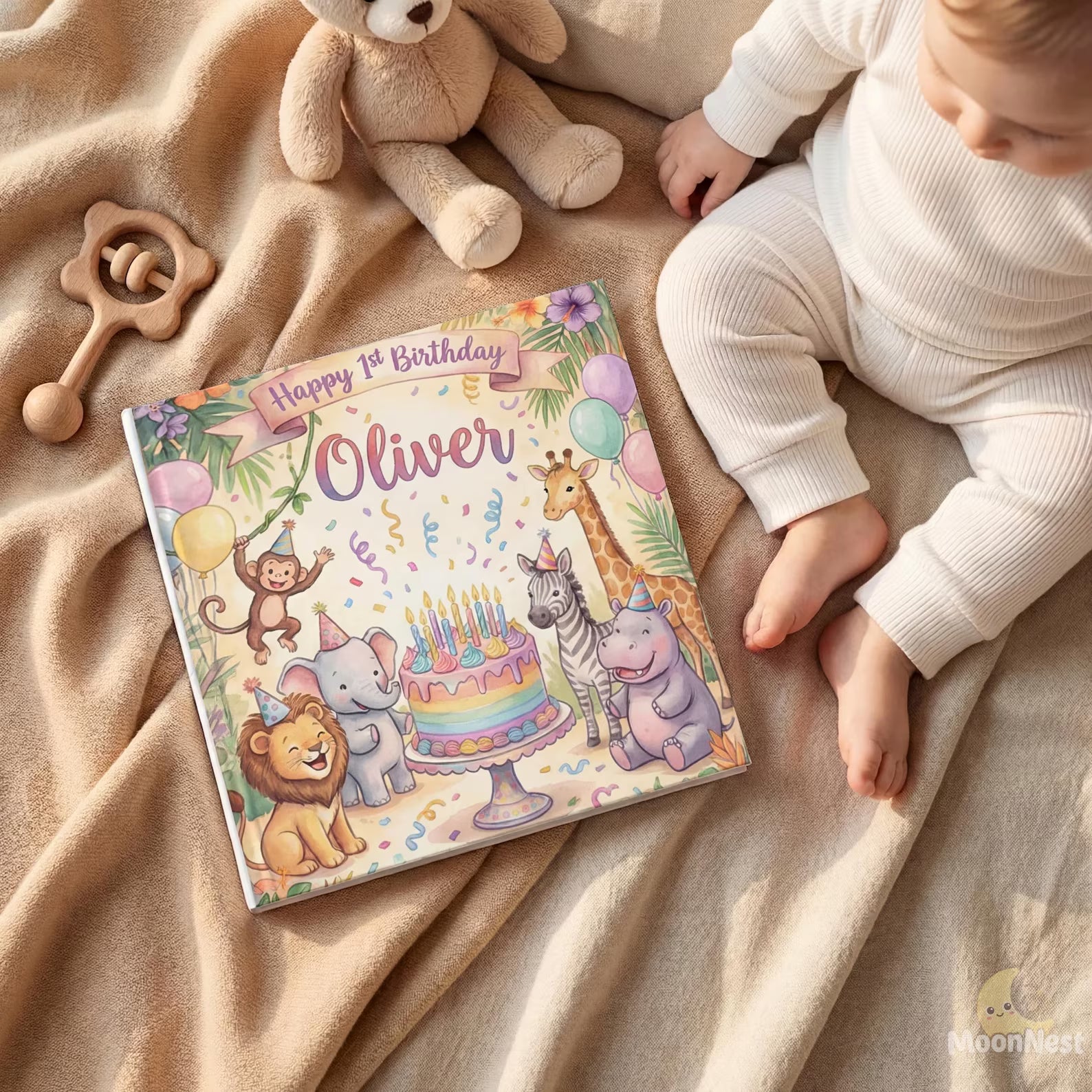 Personalized 1st Birthday Safari Book — Baby Keepsake