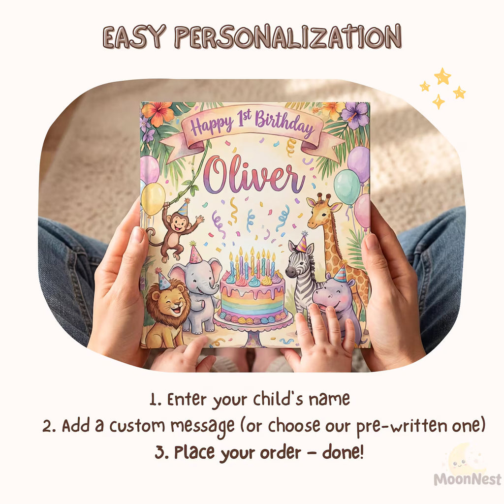 Personalized 1st Birthday Safari Book — Baby Keepsake