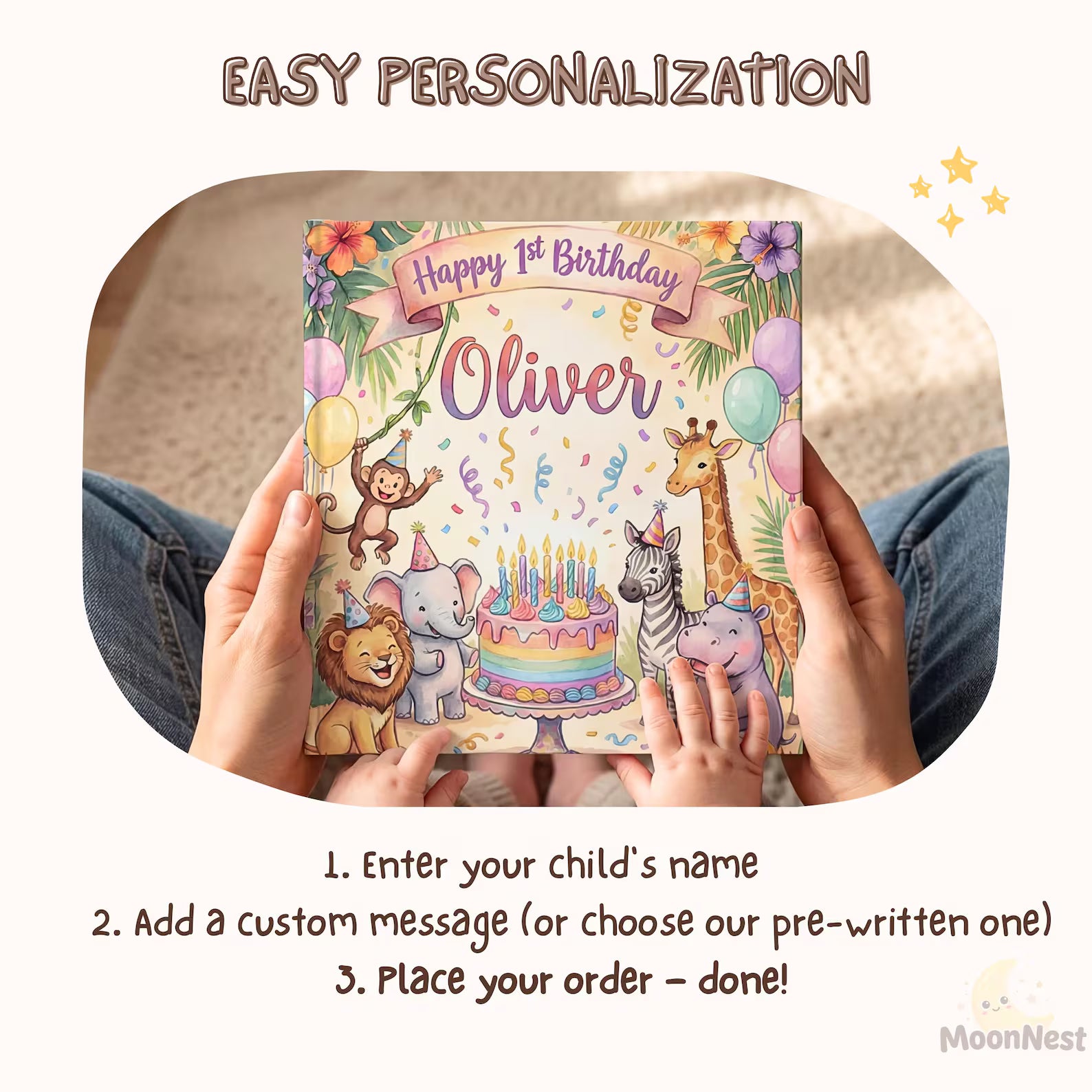 Personalized 1st Birthday Safari Book — Baby Keepsake