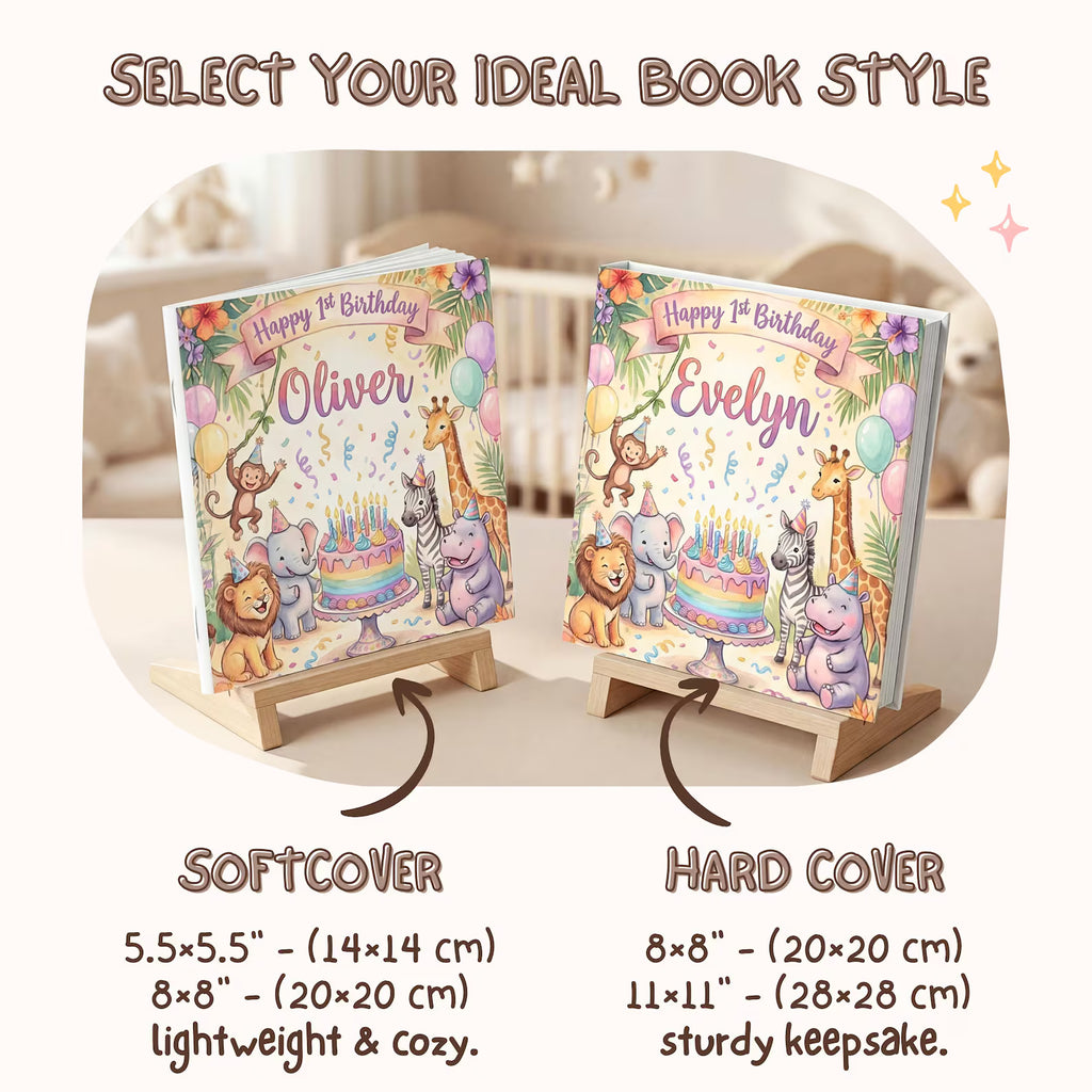 Personalized 1st Birthday Safari Book — Baby Keepsake