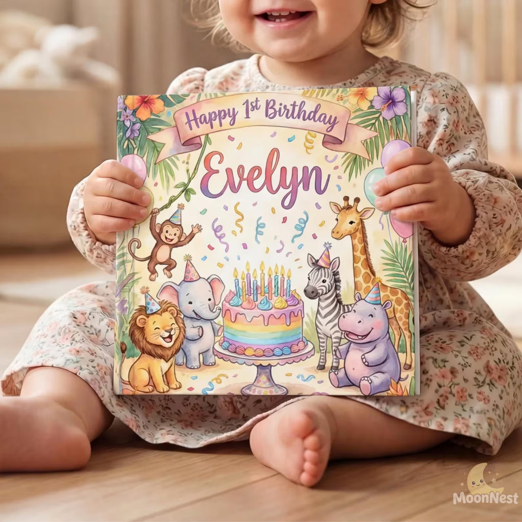 Personalized 1st Birthday Safari Book — Baby Keepsake
