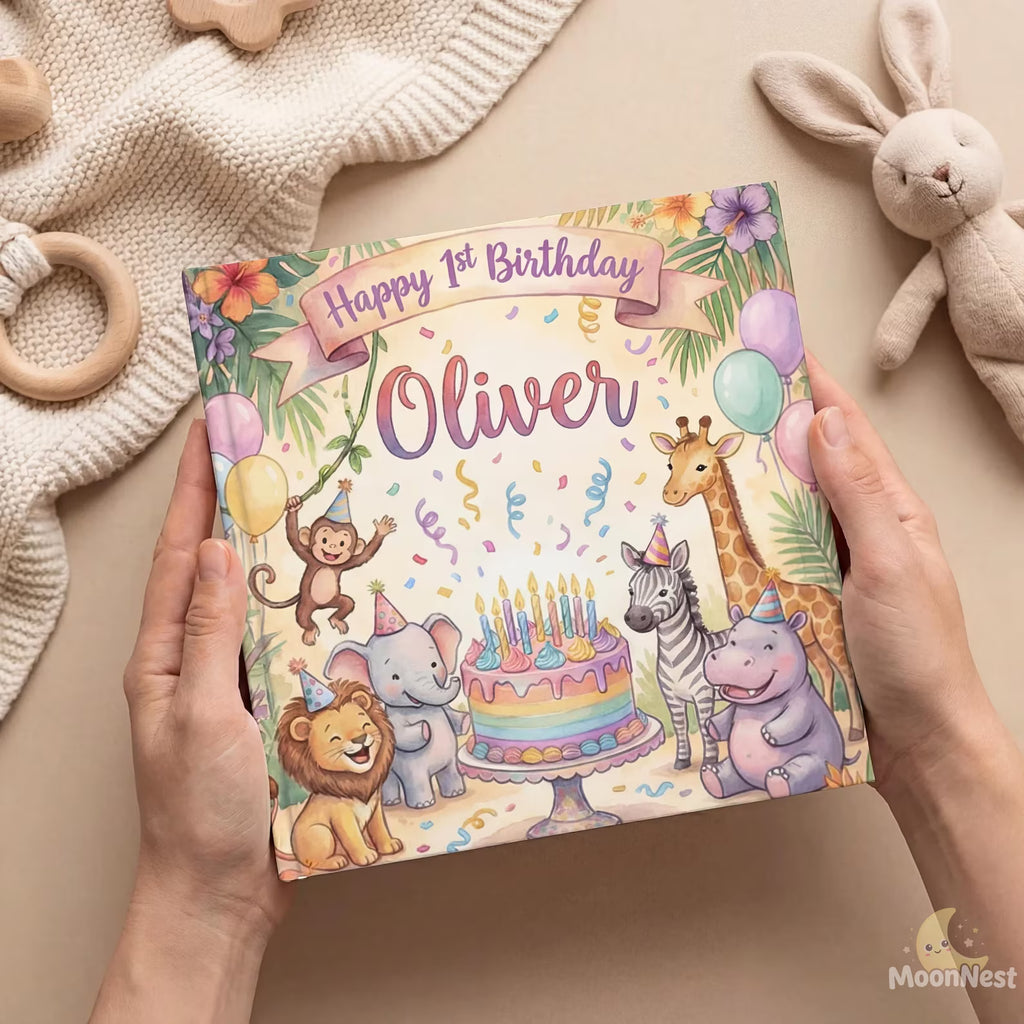Personalized 1st Birthday Safari Book — Baby Keepsake